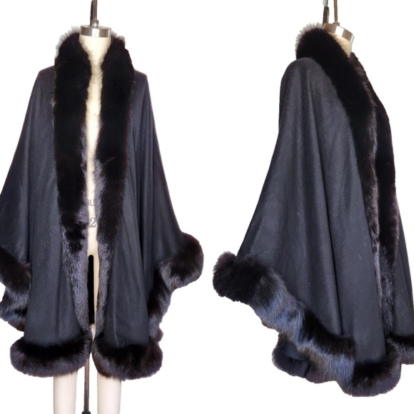 Cashmere & FOX Fur Shawl Cloak Cape Poncho with FOX Fur Trim all Around VTG OS - Picture 2 of 12
